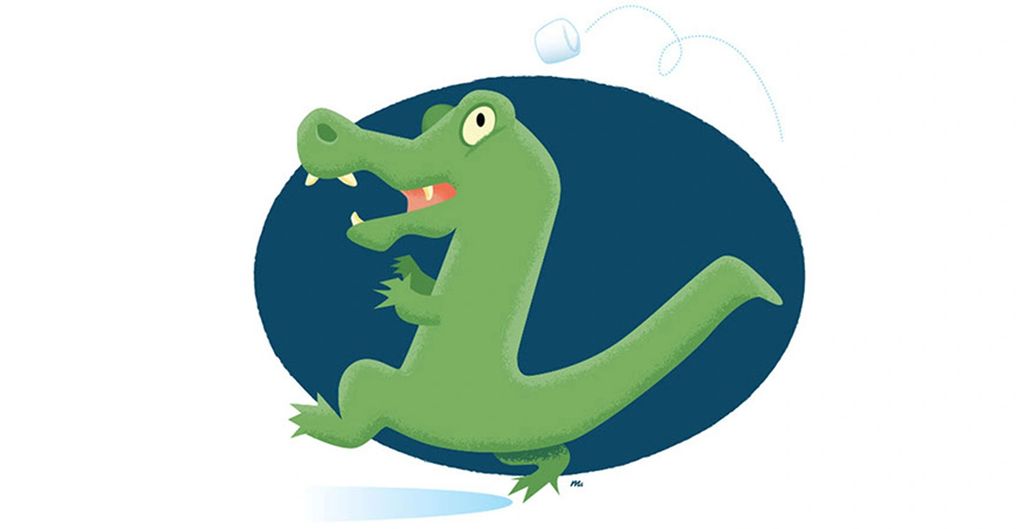 Cartoon crocodile playing with a marshmallow.