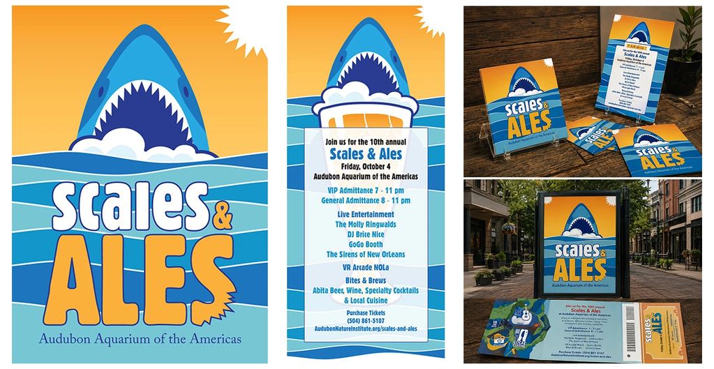 Promotional material for Scales &amp; Ales event with a shark-themed design.
