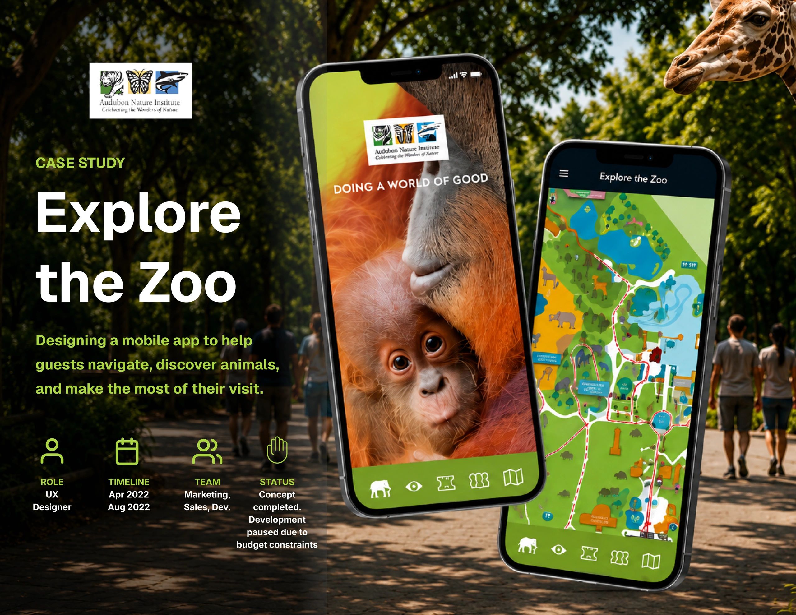 Mobile app design for Audubon Nature Institute's zoo exploration.
