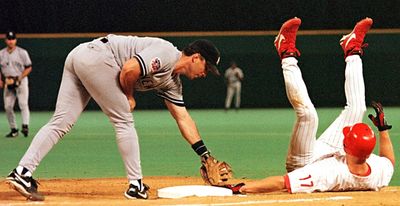 Scott Rolen of the Phillies doing something in 1997 against the Yankees.