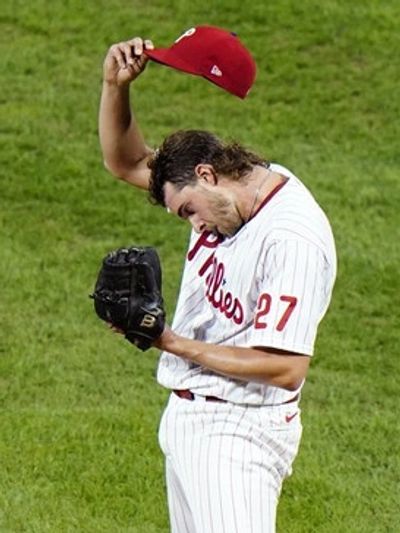 Righthanded pitcher Aaron Nola of the Philadelphia Phillies doing...something. (AP/Matt Slocum)