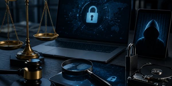 Legal and cybersecurity elements with scales, gavel, magnifying glass, and digital locks.