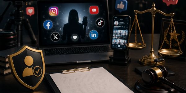 Legal symbols and social media icons with a privacy shield on a desk.