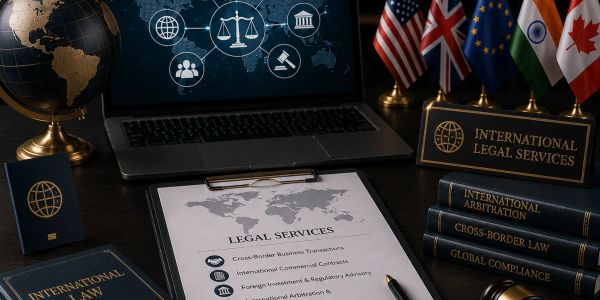Workspace with legal books, a laptop, flags, and a globe focused on international legal services.