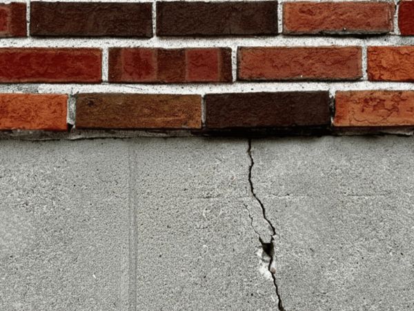 Crack running through a concrete foundation below a brick wall, a sign repointing alone won't fix