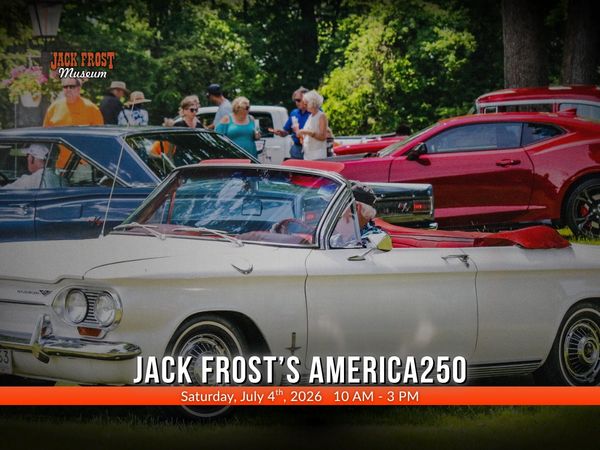 A cruise-in car show displaying a red, a white, and a blue collector car,  a Jack Frost Museum logo 