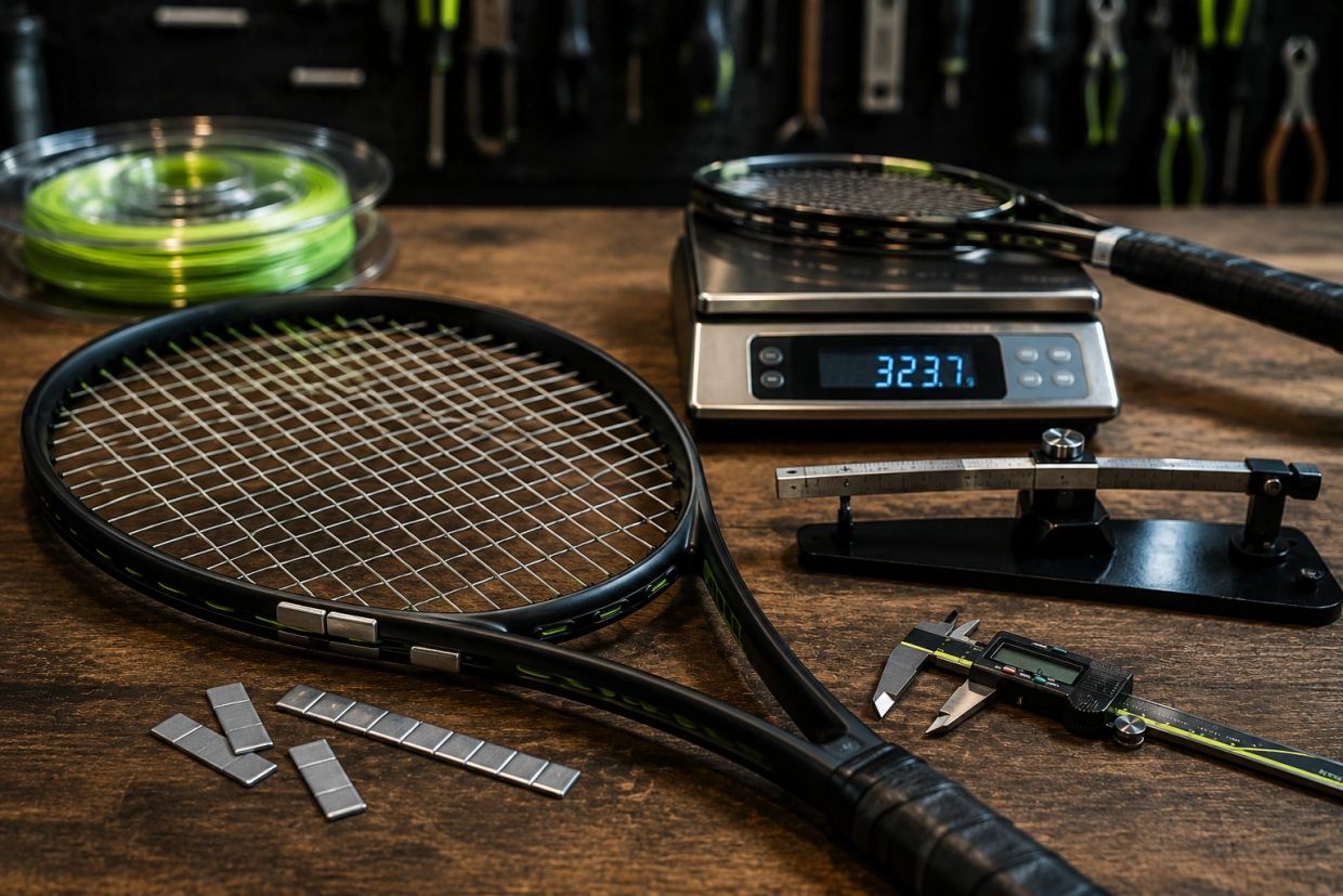 A tennis racket being weighed on a digital scale.