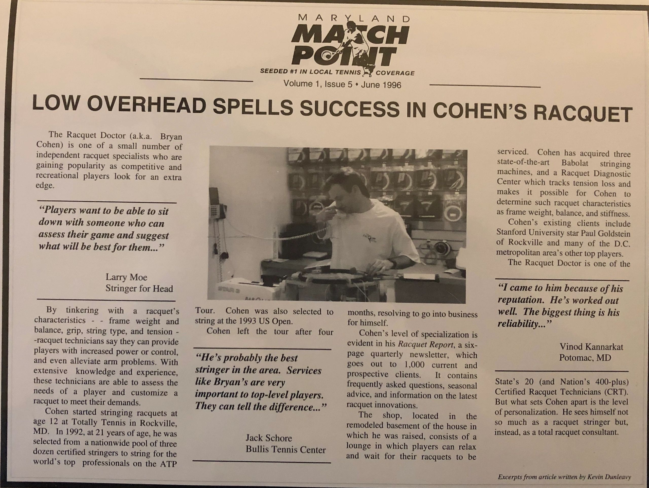 Newspaper article about Bryan Cohen, a racquet stringing expert.