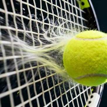 Tennis ball hitting racket strings.