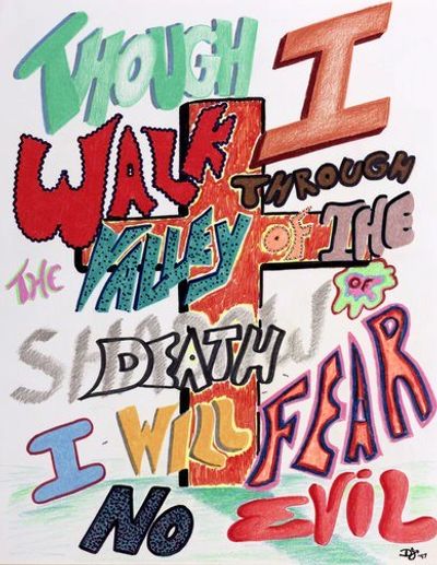 Colorful typography of Psalm 23:4 with creative fonts and designs.