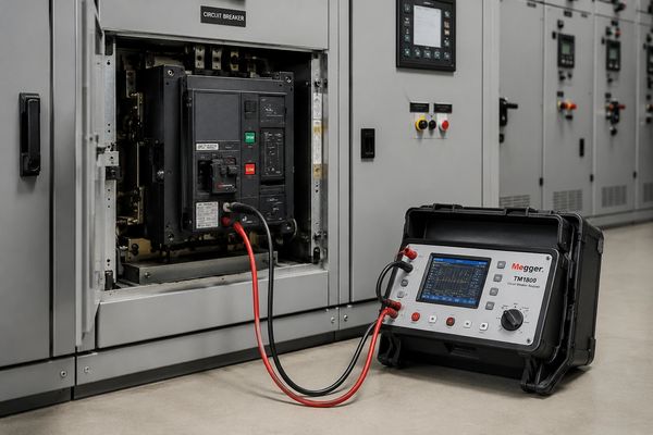 Circuit breaker connected to electrical test equipment during NETA acceptance and maintenance testin