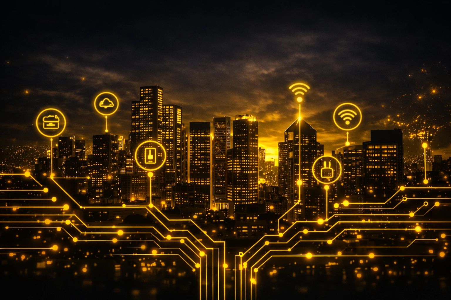 Smart city with glowing tech icons and circuit lines.