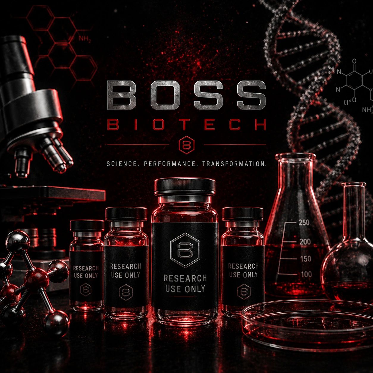 Biotech research setup with vials and laboratory equipment.