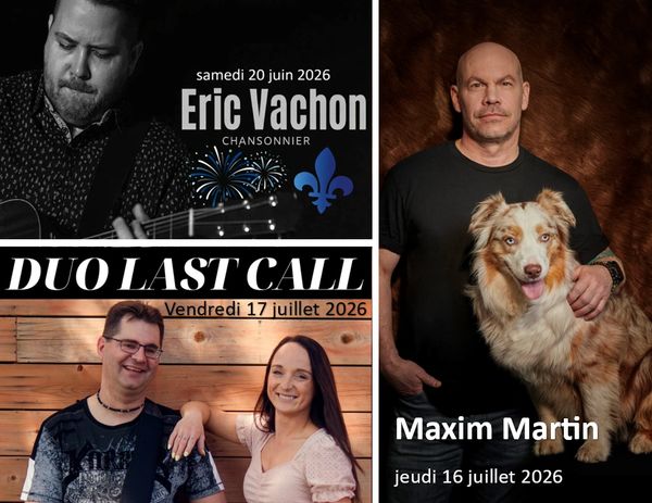 Promotional posters for musical events featuring Eric Vachon, Duo Last Call, and Maxim Martin in 2026.