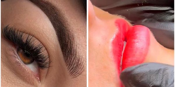 Close-up of eyebrow and lips beauty treatments.
