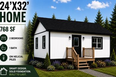Compact 24'x32' home with 2 bedrooms and 1 bath on a solid helical pile foundation.