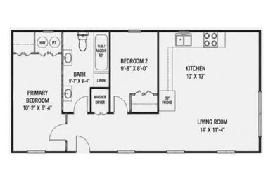 Floor plan of a two-bedroom apartment with kitchen, living room, and bathroom.