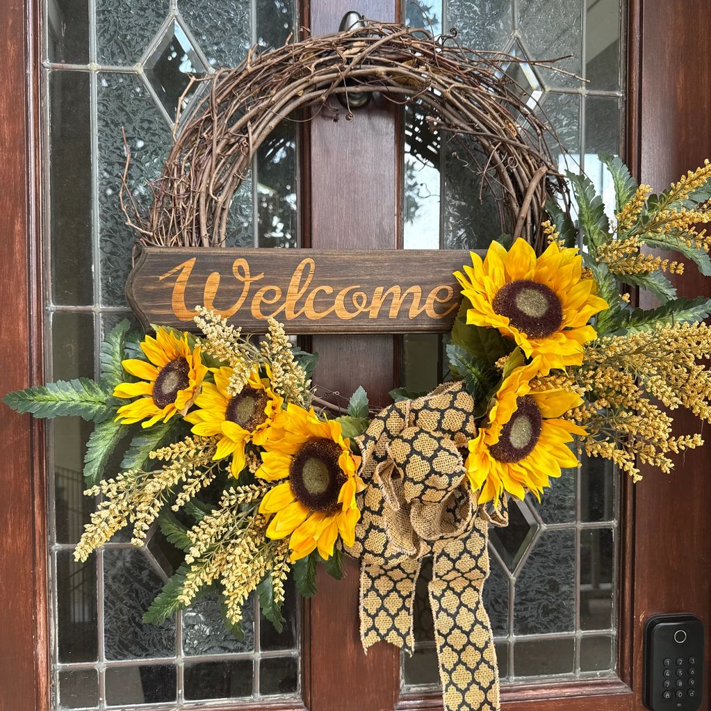 Wreath with laser engraved welcome sign.
