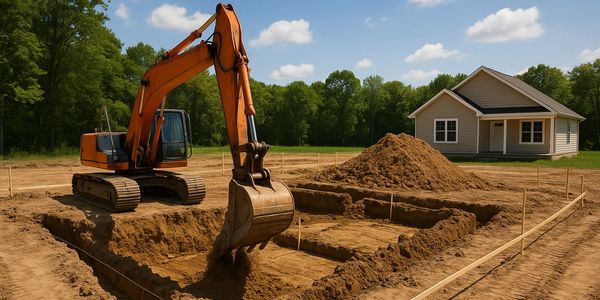 Excavator at work on a mountain construction site in Grand County, preparing land for a custom home