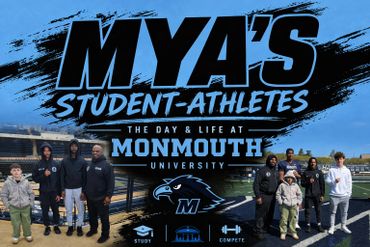 Group of student-athletes at Monmouth University posing on a sports field.