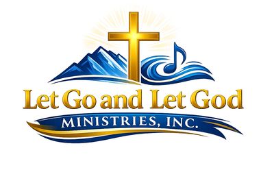 Logo of Let Go and Let God Ministries with a golden cross, mountains, and a musical note.