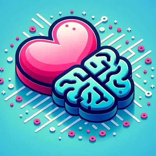 Colorful heart and brain icons together on a tech-inspired background.