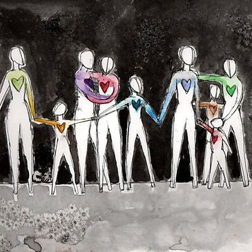 Watercolor image of figures holding hands