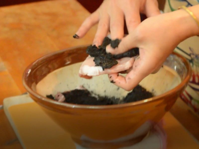 Yukie Miyaguni taught Christal how to make a black sesame seed paste covered pork recipe