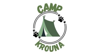 Logo of Camp Krouna with a tent and paw prints.