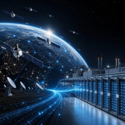 Satellites connecting Earth to a data center.