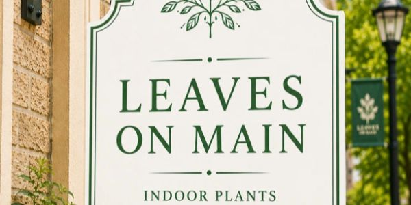 Leaves on Main storefront sign for an indoor plant and gift shop in Downtown Littleton, Colorado.