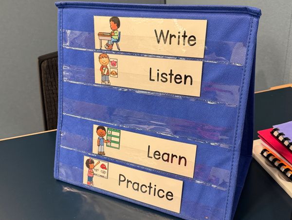 Blue organizer with labeled pockets for Practice, Learn, Listen, and Write activities.
