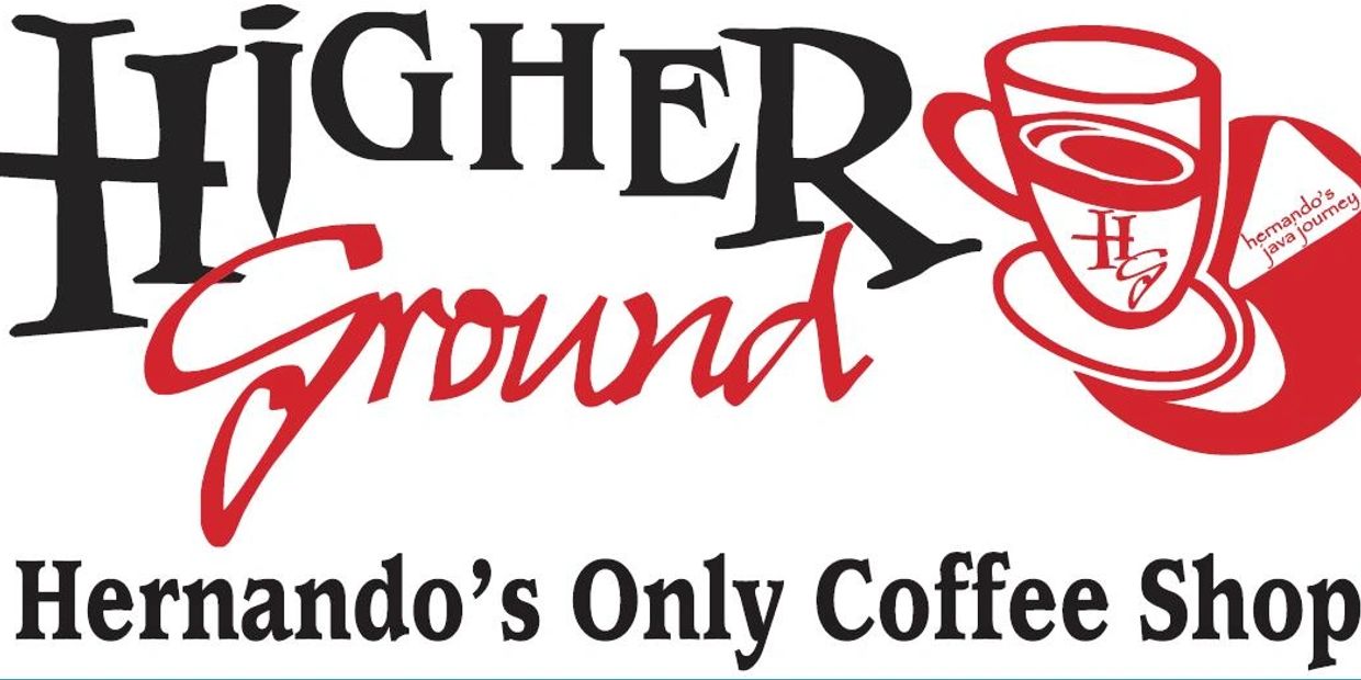 Logo for Higher Ground, Hernando's only coffee shop, featuring a coffee cup graphic.