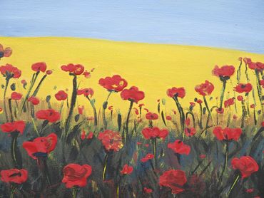 Painting of red poppies in a field under a clear sky.