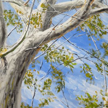 Painting of a tree with green leaves against a blue sky.