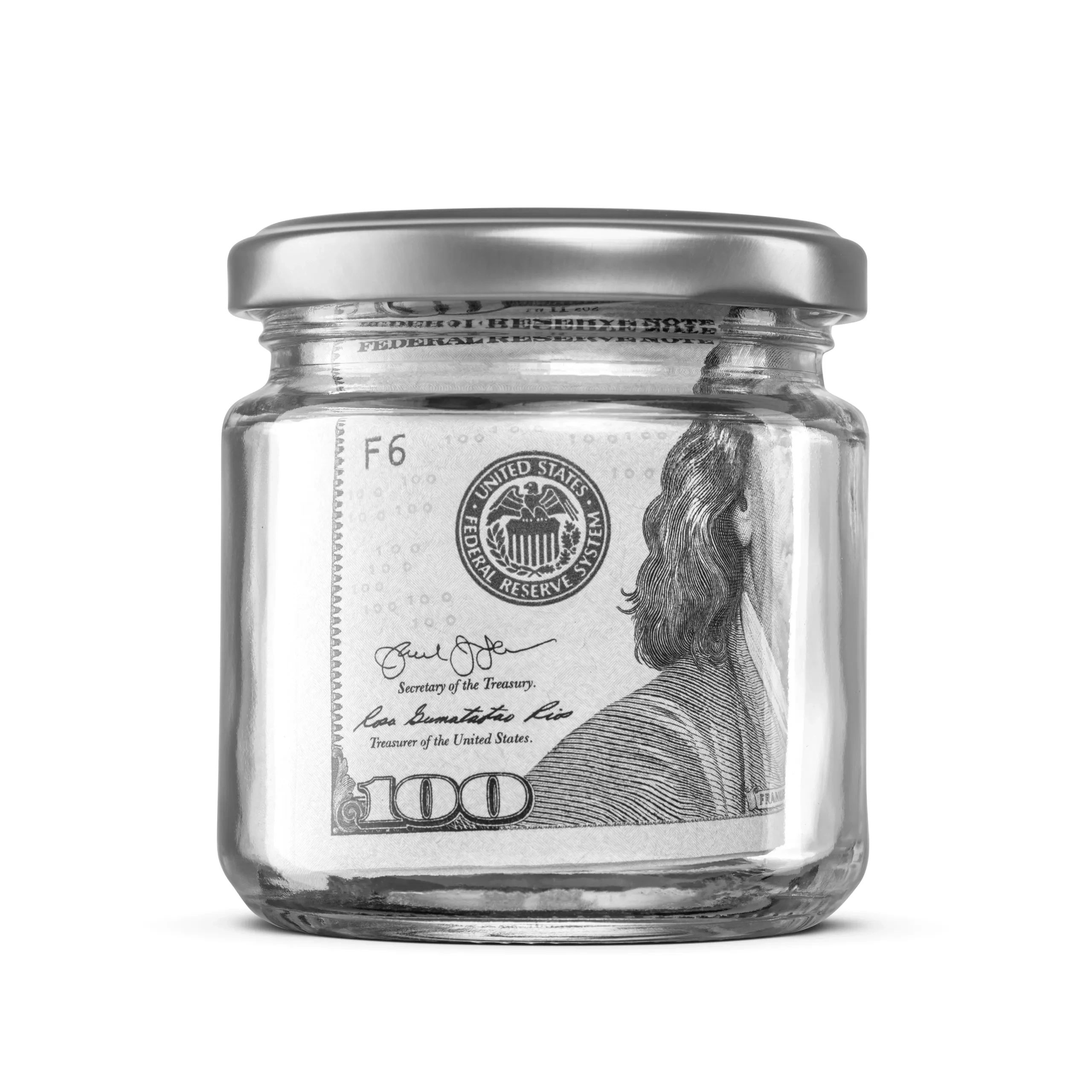 Glass jar filled with a rolled $100 bill.