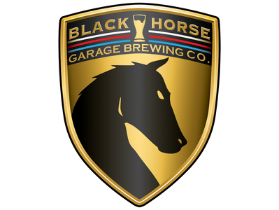 Black Horse Garage Brewing Company logo with black horse and beer on shield