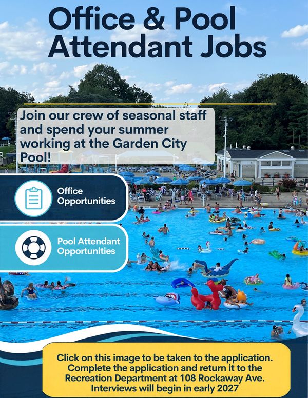 Summer jobs available at Garden City Pool for office and pool attendant roles.