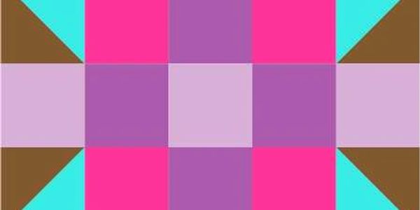 Symmetrical geometric pattern with pink, purple, teal, and brown shapes.