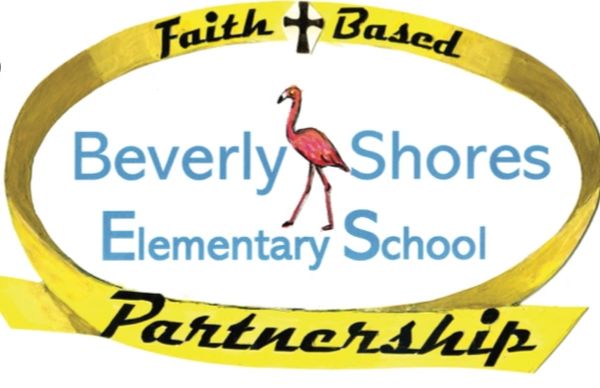 Logo of Beverly Shores Elementary School with a flamingo and faith-based partnership ribbon.