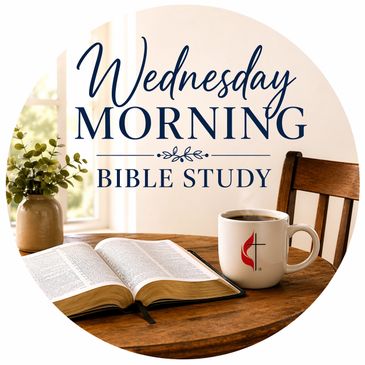 Open Bible and coffee cup on table with text 'Wednesday Morning Bible Study'.