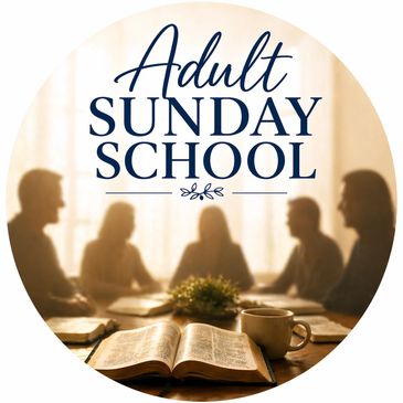 Adults engaged in Sunday school with an open Bible and coffee.