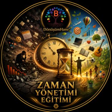 Zaman yönetimi eğitimi görseli ve simgeler.