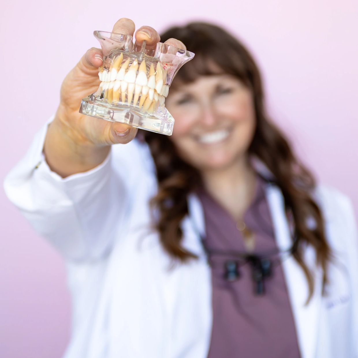 Dentist holding a dental model with a smile.