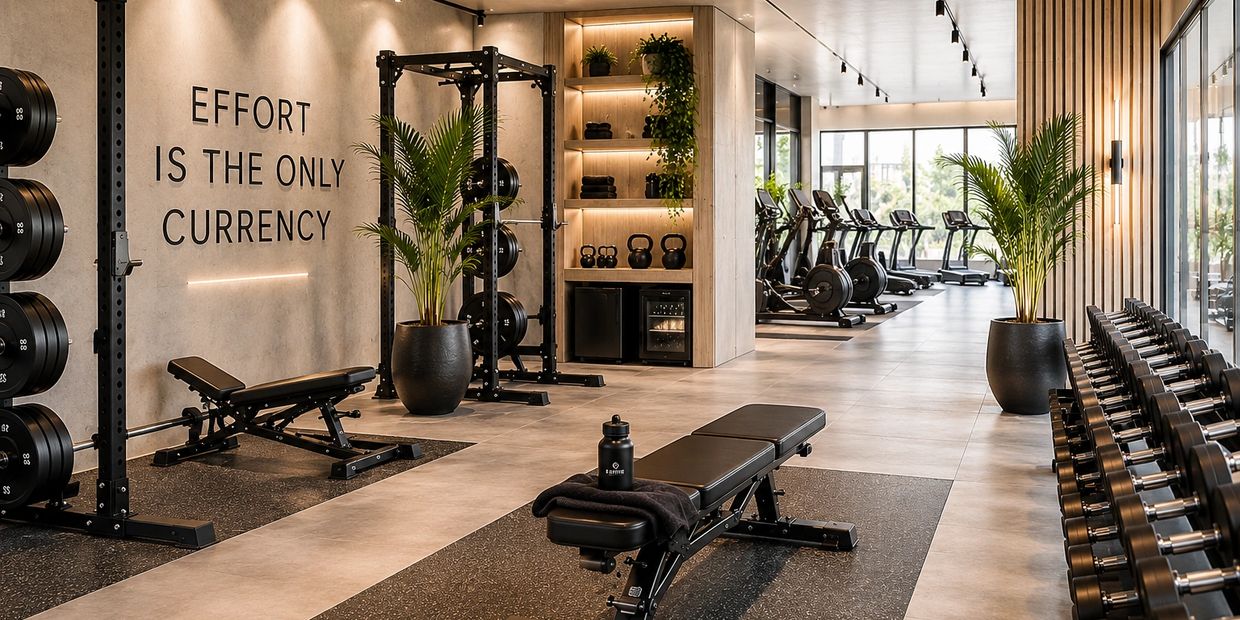 Modern gym interior with motivational quote, weights, and cardio machines.