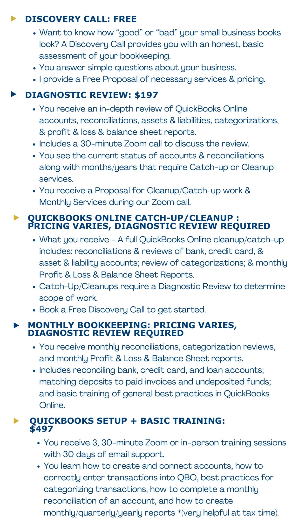 Summary of QuickBooks bookkeeping and training services with pricing details.