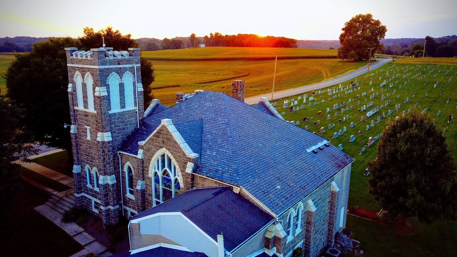 A photo from above overlooking much of the church and cemetery at Wesley United Methodist Church. 