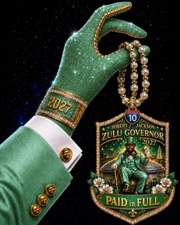 Green gloved hand holding a detailed, gold-accented medallion for Zulu Governor 2027.
