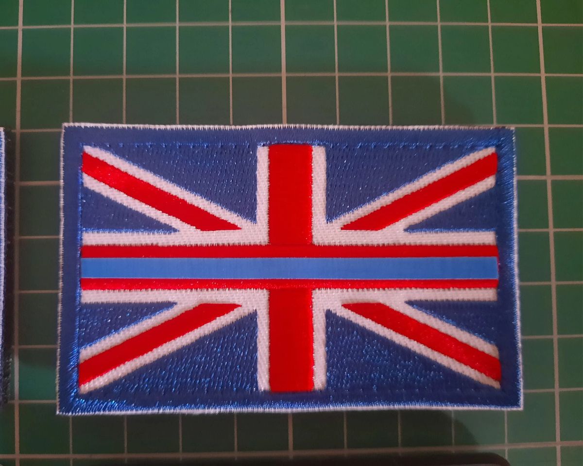 Embroidered Union Jack flag patch with reflective thin blue line