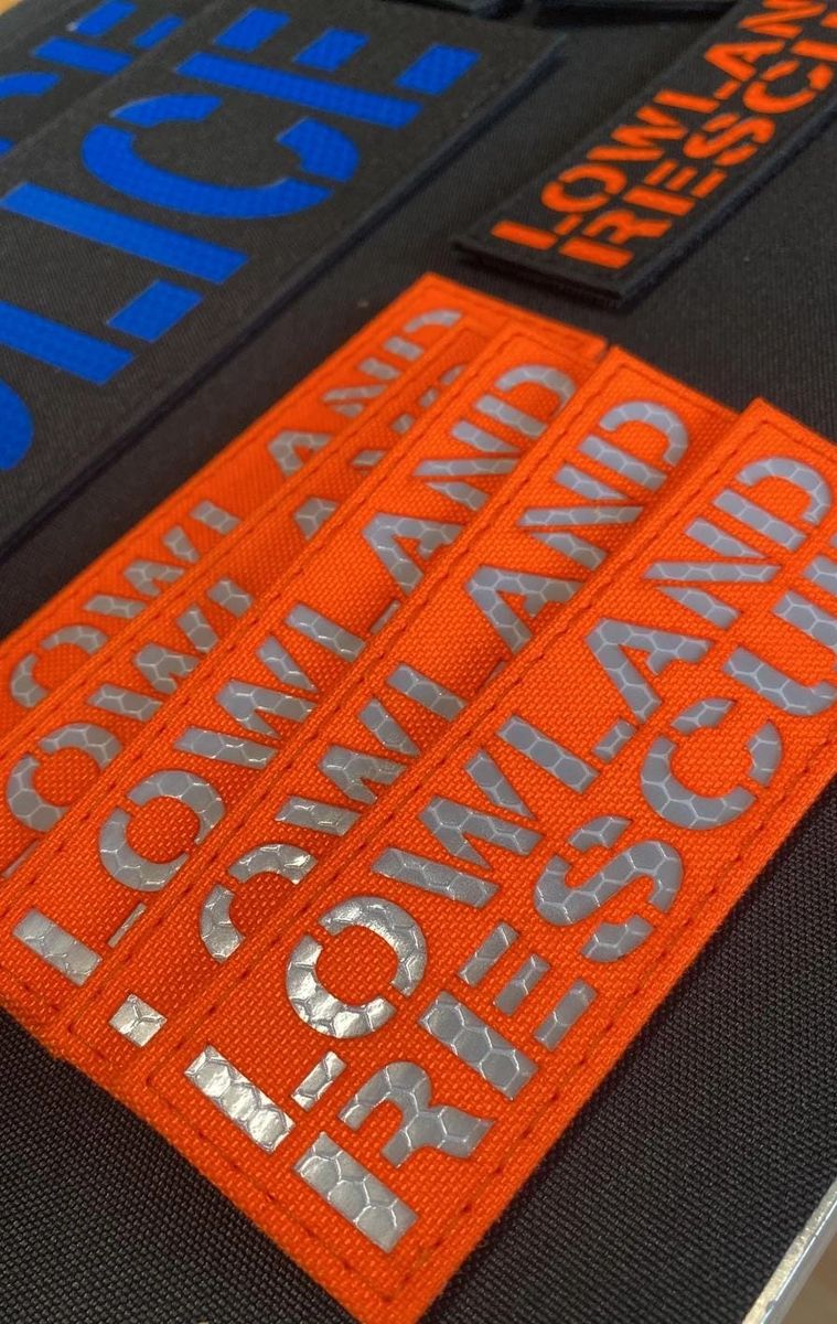LOWLAND RESCUE, neon orange laser cut velcro patch with reflective ...